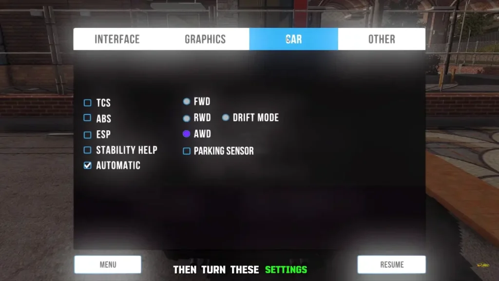 car settings for drifting